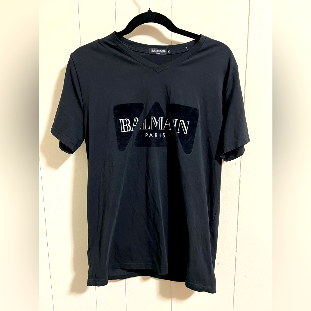 Balmain Paris 2xl ( Fits Smaller Like Xl) Black Logo Velvet Shirt Top Designer